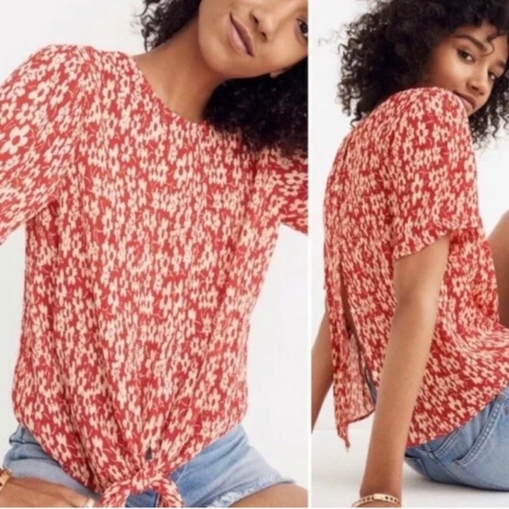 NWT Madewell red and cream lightweight floral tie front blouse size XS